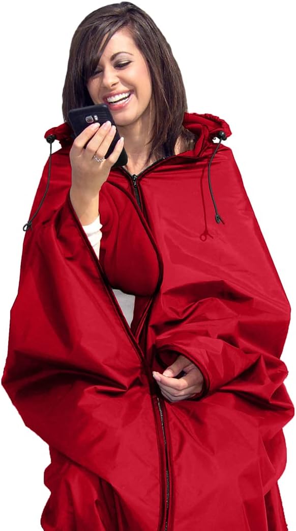 Ultimate Sports Wrap - PATENTED - The Only WEARABLE Weatherproof/Stadium/Picnic/Sports Blanket complete with Upper and Lower Zippers Lined &amp Adjustable Hood and Inside Hand Warmers 70 X 58
