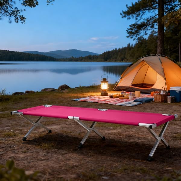 Portable Folding Camping Cot Heavy Duty Sleeping Bed with Carrying Bag 610D Oxford Cloth &amp Lightweight Aluminum Frame 275lbs Load Outdoor Cot for Adults Travel Hiking Office (Pink 1 Pack)