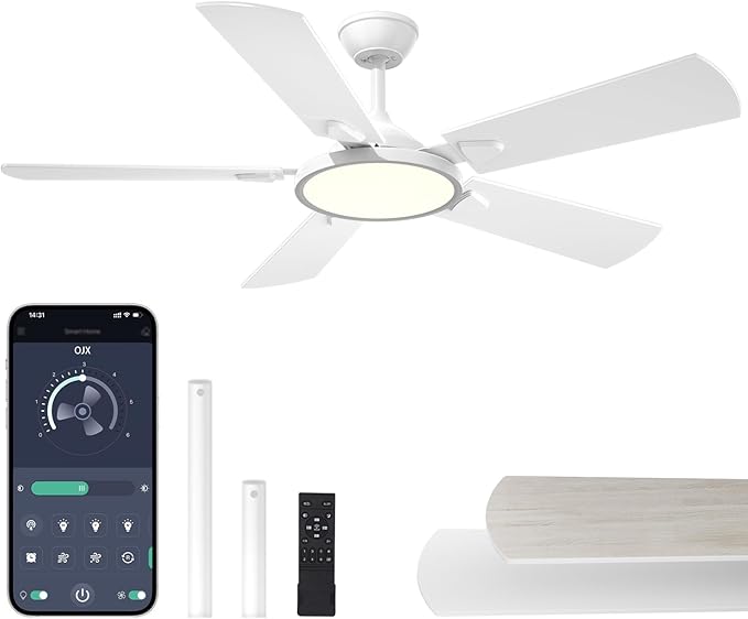 OJX Ceiling Fans with Lights 52 inch Ceiling fan with Light and Remote/APP Control 3CCT Quiet DC Reversible Dimmable Modern Black Ceiling Fa for Bedroom Living Room Kitchen Indoor/Outdoor Use