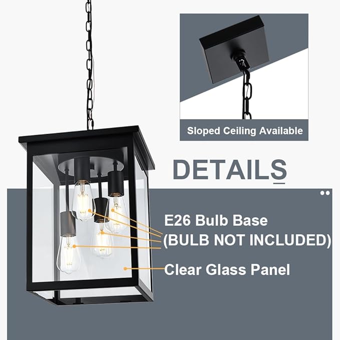 TODOLUZ Large Outdoor Pendant Light Fixtures 4-Lights Black Exterior Ceiling Hanging Lanterns with Clear Glass Farmhouse Outdoor Chandelier for Front Door Entry Patio