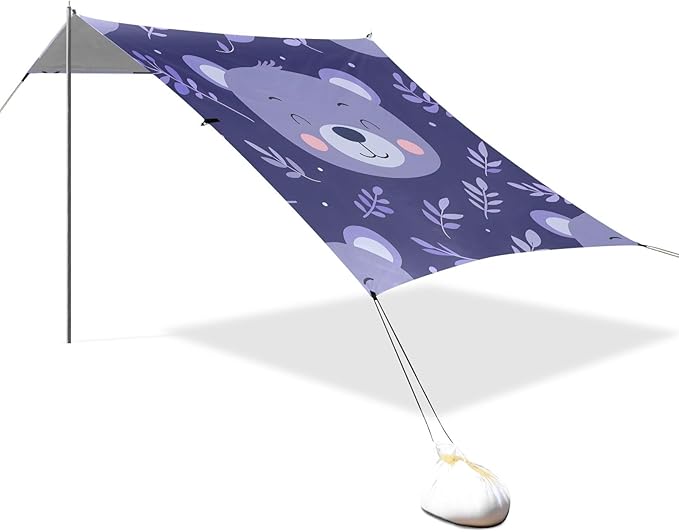 Cute Cartoon Bear Face Leaf Camping Sun Shelter Beach Tent Portable Beach Sun Shade Outdoor Canopy for Camping Trips Fishing Picnic