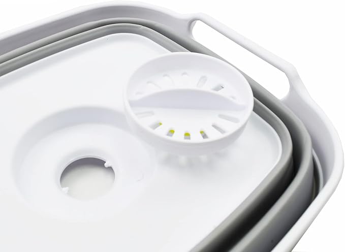 SAMMART 7.5L (2 Gallons) Collapsible Dishpan with Draining Plug - Foldable Washing Basin - Portable Dish Washing Tub - Space Saving Kitchen Storage Tray (White/Grey 1)