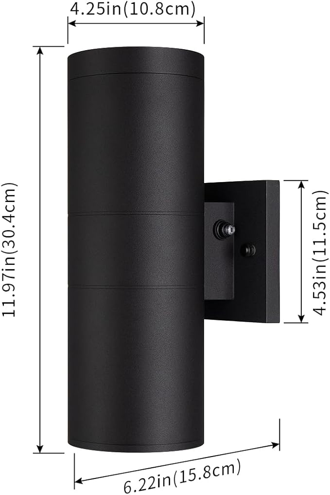 mirrea Modern Outdoor Porch Light Patio Light in 2 Lights Dusk to Dawn Photocell Sensor with Matte Black Aluminum Cylinder and Tempered Glass Cover Waterproof Wall Sconce