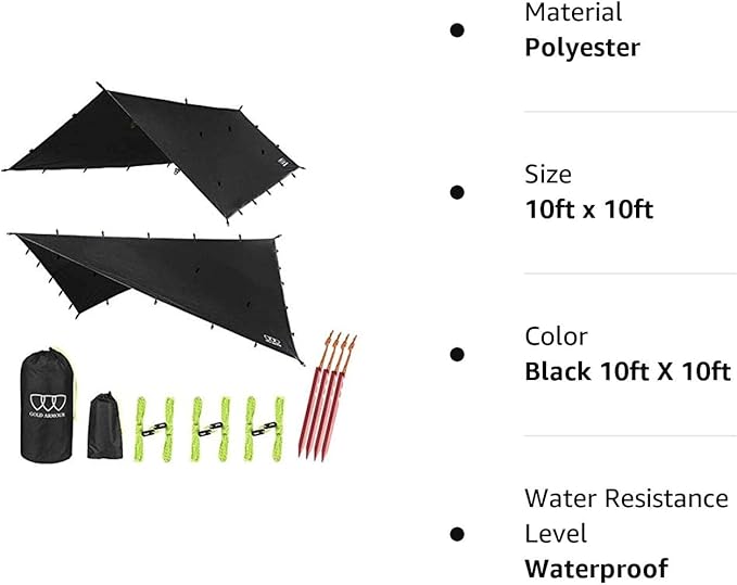 Gold Armour Rainfly Tarp Hammock Premium 14.7ft/12ft/10ft/8ft Rain Fly Cover Waterproof Ultralight Camping Shelter Canopy Survival Equipment Gear Camping Tent Accessories (Black 10ft x 10ft)