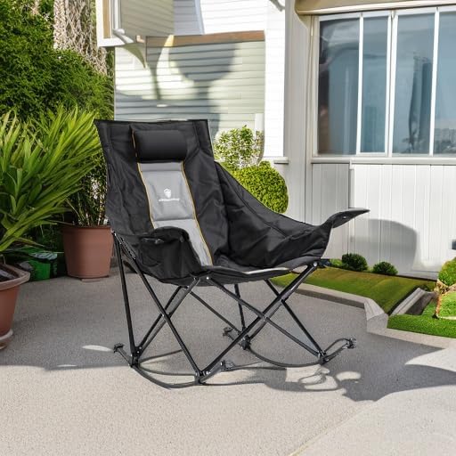 Dowinx Oversized Rocking Camping Chair Fully Padded Patio Chair with Side Pocket and Carry Bag High Back Portable Lawn Recliner with Headrest Support 300 lbs Black