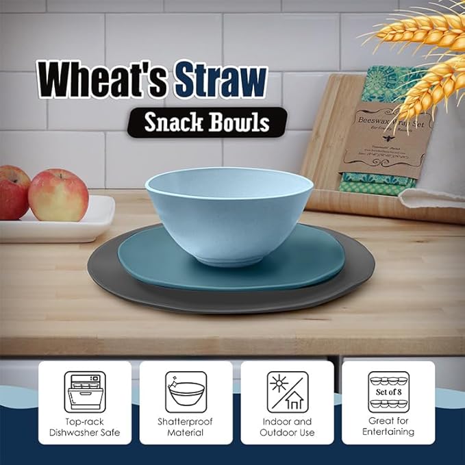 Teivio 32-Piece Kitchen Plastic Wheat Straw Dinnerware Sets Service for 8 Dinner Plates Dessert Plate Cereal BowlsCups Unbreakable Plastic Colorful Outdoor Camping Dishes Irregular Oecan