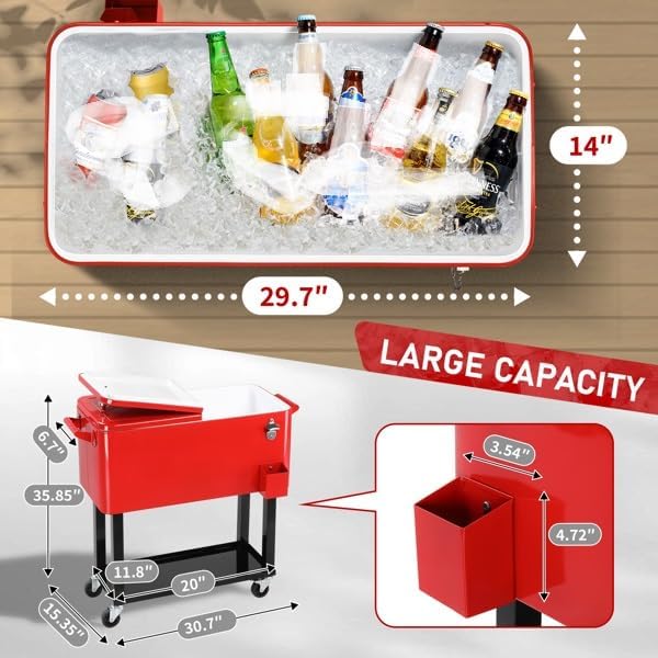80QT Freezer Cart on Wheels - Red Heavy-Duty Mobile Food Storages Box with Drain Pipe for Restaurant Kitchen Market Portable Cold Storage Box Freezer Kitchen Rolling Storage Container