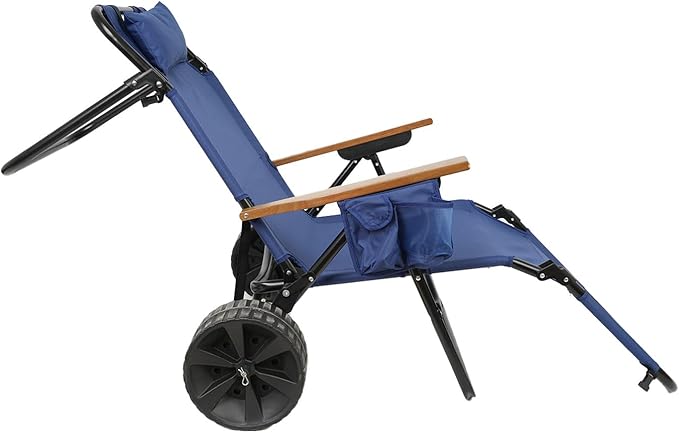 Beach Chair Cart with Wheels 2 in 1 Foldable Beach Lounge Chair Buggy Cart Large Wheels for Pool Backyard Sunbathing Picnic (Dark Blue)