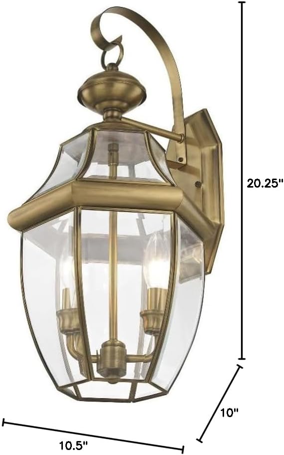 Livex Lighting 2251-02 Monterey 2 Light Outdoor Polished Brass Finish Solid Brass Wall Lantern with Clear Beveled Glass 20.25 x 10.5 x 10