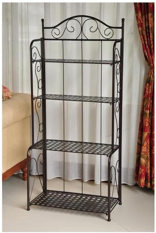 Natural Beauty Folding Baker Rack - Powder Coated Iron with Rustic Brown Finish Weather Proof Compact Folding Design for Indoor or Outdoor Use