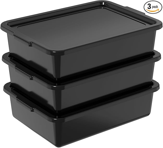 3 Packs 13 Liter Plastic Restaurant Commercial Bus Tub Boxes with Lids Black Wash Bins Dish Pan