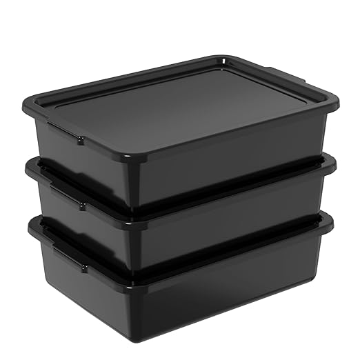 13 L Plastic Bus Box with Lid Commercial Bus Tub Black 3 Packs