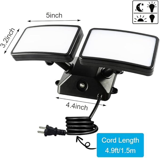 FAGUANGAO Dusk to Dawn LED Security Light18W Plug in Flood Light Outdoor5000k Daylight1600lm IP55 WaterproofAdjustable 2 Heads Wall Light for Garage Porch Yard BlackStreet