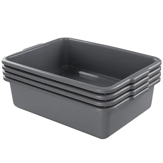 4-Pack Bus Box Dish Tub for Restaurants Standard Bus/Utility Box 25L Gray Plastic Heavy Duty Wash Basin/Dish Washing Tub for Kitchen Organization/Storage