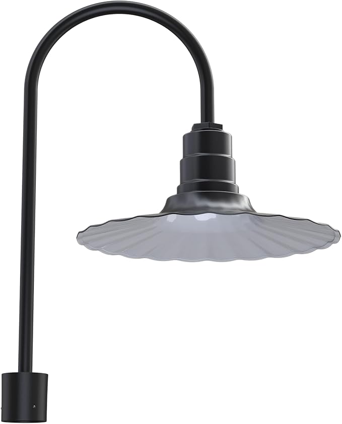 Steel Lighting Co. Highland Park Light | Pole Top Mounted | 16 Radial Wave | Upslope Gooseneck with Slip Fitter for 2-3/8 Standard Poles | Made in America | Matte Black Exterior/White Interior