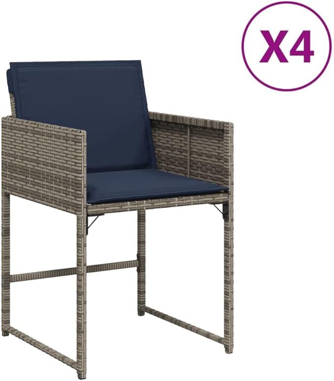 4-Piece Gray Poly Rattan Patio Chairs with Navy Blue Cushions Outdoor Furniture Set with Foldable Backrest Weather-Resistant PE Wicker &amp Steel Frame for Poolside Garden Backyard