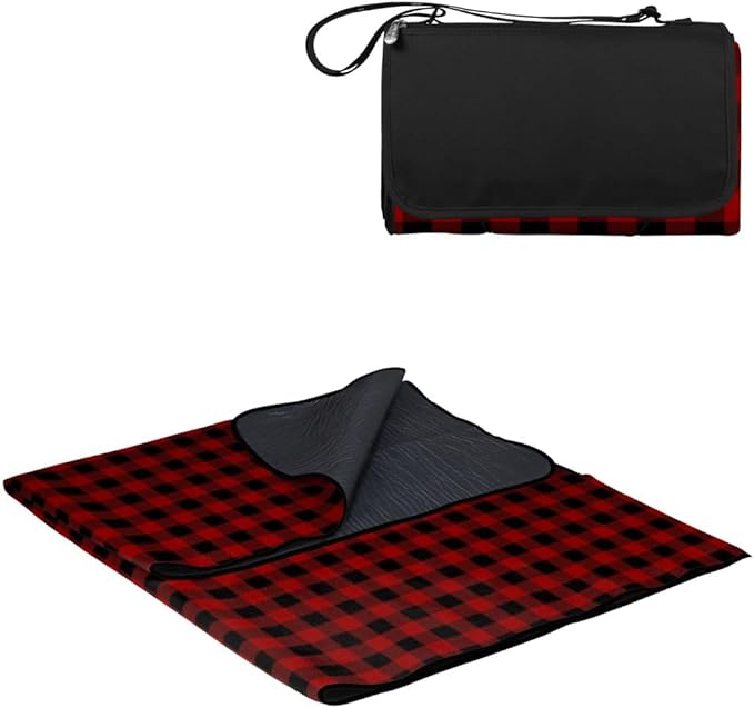 PICNIC TIME Outdoor Picnic Blanket Tote 59x51 Foldable Beach &amp Camping Blanket with Soft Fleece Water-Resistant Bottom Adjustable Strap &amp Zippered Pocket (Red &amp Black Buffalo Plaid)