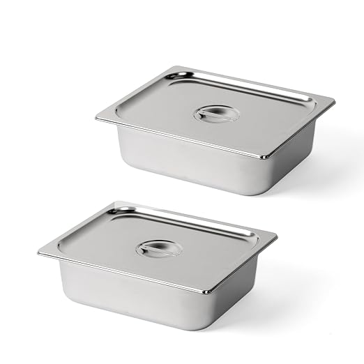 ROVSUN 2-Pack 1/2 Half Size Hotel Pan 4 Inch Deep Steam Table Pan with Lid Stainless Steel Anti Jam Pan for Party Home Commercial