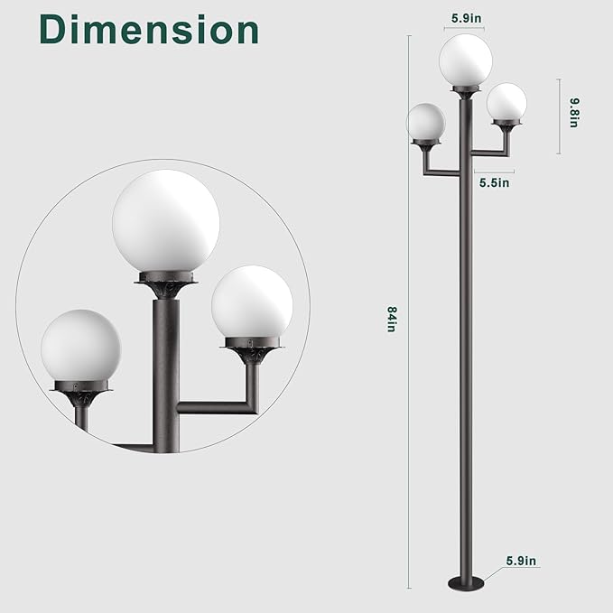 79'' Outdoor Post Lights Waterproof Triple Head Street Light Pole Lamp for Outside with 3Pcs 10W LED Bulbs IP65 Outdoor Lamp Post Light for Garden/Yard-Brown
