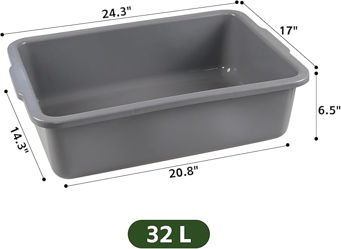 4-Pack 32 L Commercial Bus Tub Large Plastic Rectangular Dishpan Tub Grey