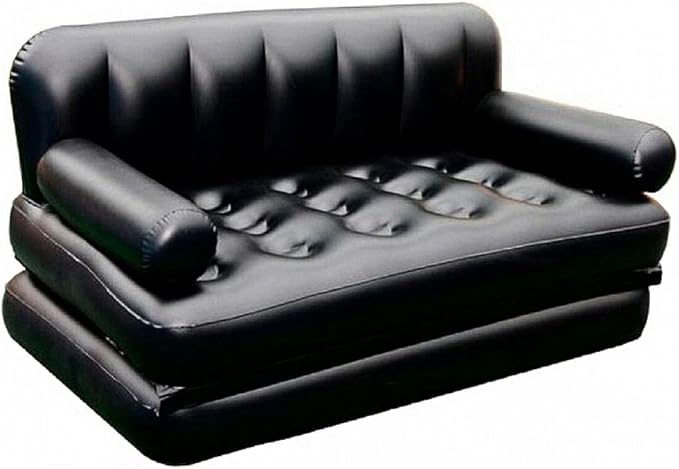 Folding Portable Inflatable Sofa Twin Bed Lazy Flocking Queen Size Air Bed Mattress - Great for Pop Up Indoor Living Room and Outdoor Balcony Backyard Camping Picnic RV + Foot Pump (Black)