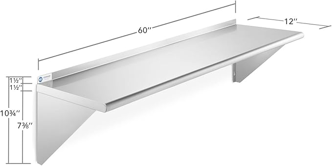 Commercial Grade 12” x 60” Stainless Steel Wall Shelf with Backsplash – NSF Certified 18 Gauge Heavy-Duty Shelving for Kitchen Restaurant Utility Room and Garage