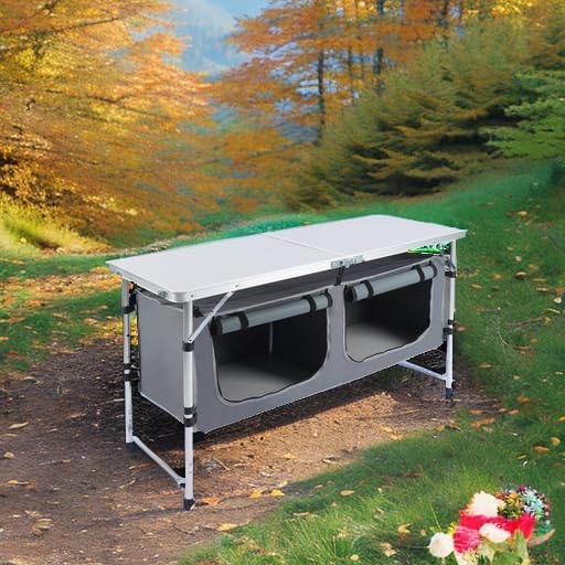 Camping Table Folding Camping Table with Storage Portable Kitchen Table Lightweight 3 Heights Adjustable Camping Furniture for BBQ Picnic Camping Hiking Beach and Indoor
