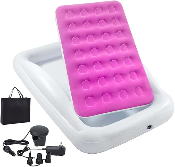 Inflatable Kids Travel Bed Toddler Air Mattress SetPortable Blow Up Mattress Sleeping Bed Cot with Bed Rails and Electric Pump Ideal for Road Trip