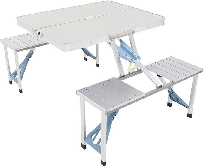 Vasitelan Folding Camping Picnic Table with Seats/Umbrella Hole Lightweight and Fold Up Card Suitcase Table Aluminum Alloy Frame RV Tabletop with Soft Handle (Style 1)