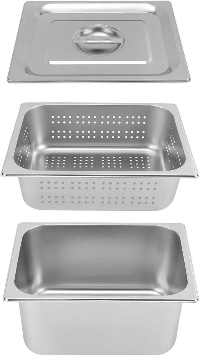 1 Set 1/2 Size Stainless Steel Steam Hotel Pan Steam Table Pan Food Service Pan for Party Kitchen Restaurant Hotel w/Perforated Pan + Lid