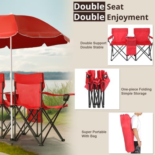 Camping Chairs Folding Double Chair with Removable Umbrella Cup Holders Cooler Bag Side Pocket &amp Carry Bag for Beach Outdoor Sports Concerts Travel Picnic