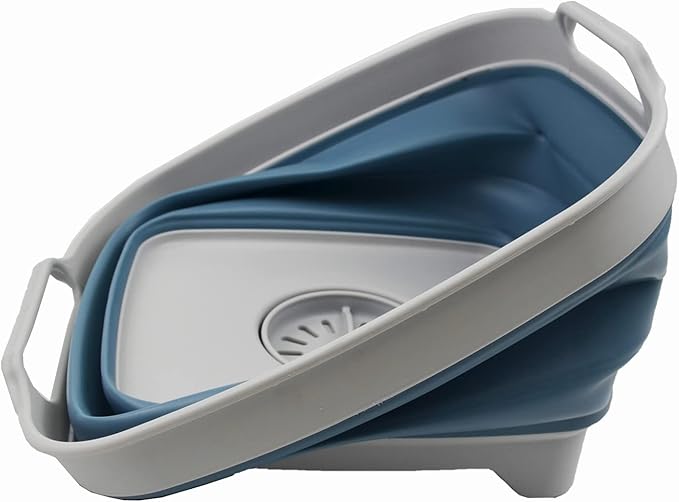 SAMMART 7.5L (2 Gallons) Collapsible Dishpan with Draining Plug - Foldable Washing Basin - Portable Dish Washing Tub - Space Saving y (Grey/Steel Blue (Set of 2) 2)