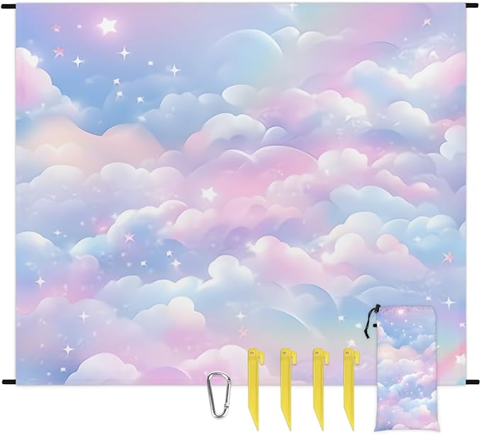 Waterproof Sandproof Beach Blanket 59''×68'' Color Cloud Polyester Outdoor Picnic Blanket with 4 Stakes &amp Storage Bag for BeachCampingVacation Fantasy Star