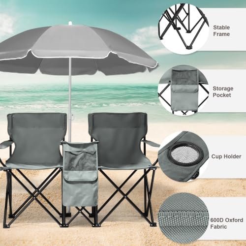 Camping Chairs Folding Double Chair with Removable Umbrella Cup Holders Cooler Bag Side Pocket &amp Carry Bag for Beach Outdoor Sports Concerts Travel Picnic