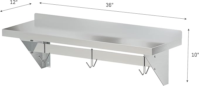 KoolMore 36” Commercial Wall Mounted Pot Rack Organizer Shelf with 3 Removable Storage Hooks for Pots and Pans Stainless-Steel Storage Holder (WMPS-1236) 12 X 36