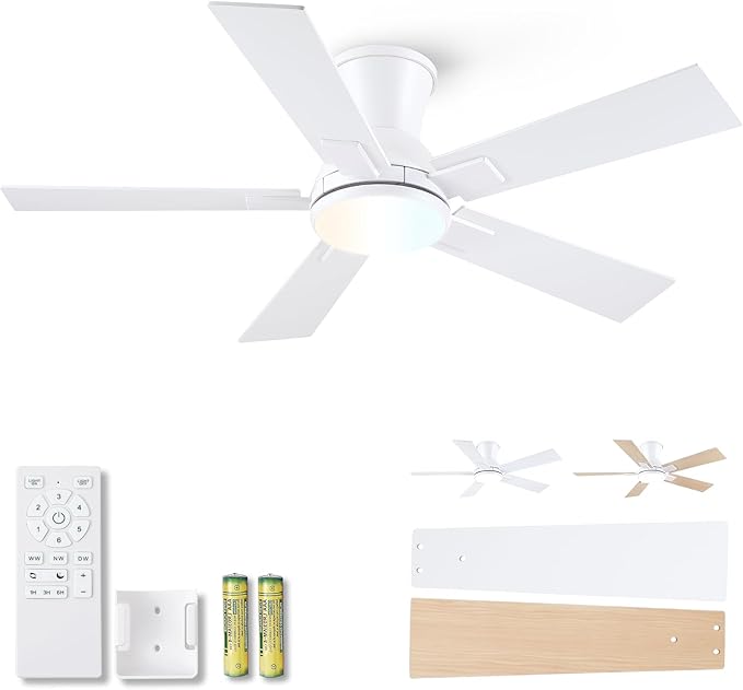 Modern Ceiling Fans with Lights - 42 Low Profile Ceiling Fan with Light and Remote Flush Mount Reversible DC Motor 6-Speed Quiet LED Dimmable for Bedroom Indoor and Outdoor Patios White
