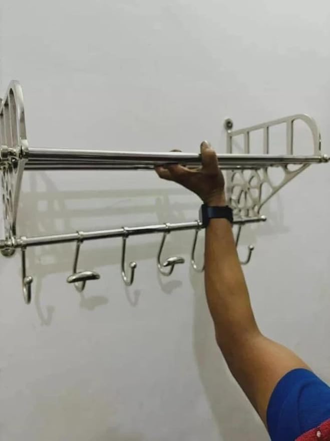 Stainless Steel Wall Shelf with Hooks | Bathroom Kitchen Storage Rack | Durable &amp Rust Resistant