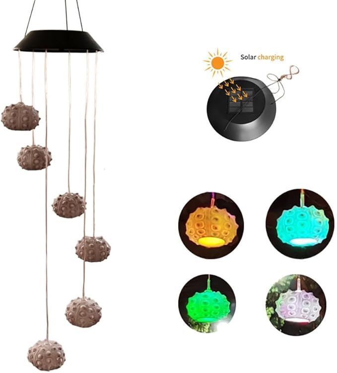 Solar Sea Urchin Wind Chime Light 6 LEDs Colorful Color Changing Outdoor Decorative Solar Hanging Light Painted Marine LED Lights for Garden Walkway Patio Yard 1 Pack