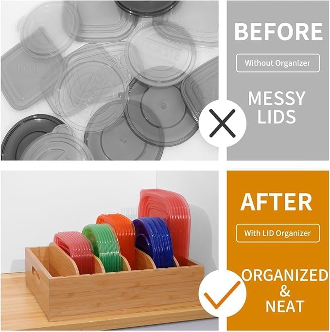 Bamboo Lid Organizer Kitchen Pantry Lids Holder with 5 Adjustable Dividers for Cabinets Food Storage Container Organizers
