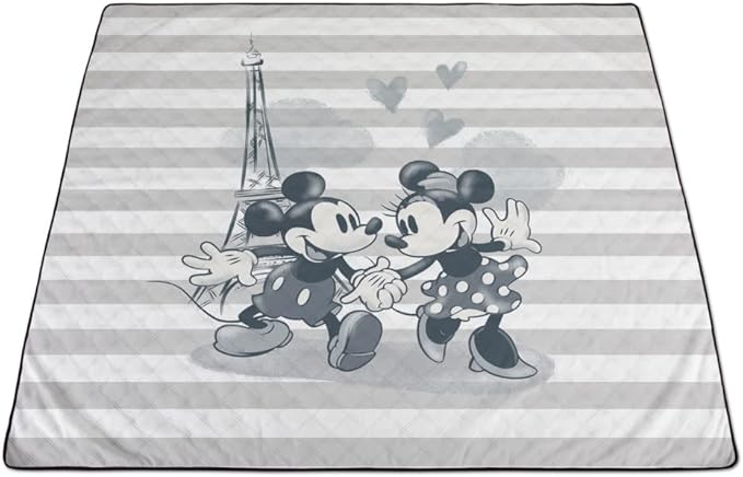 Picnic TIME Disney Mickey and Minnie Mouse Impresa Picnic Blanket Lightweight Folding Beach Blanket with Carry Backpack Machine Washable Water Resistant Fleece Picnic Mat (Black and White)