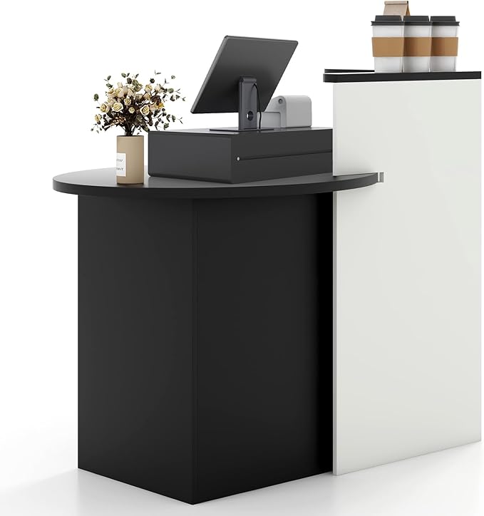Reception Desk Front Desk Reception Counter with Oval Desktop Open Shelf &amp Lockable Drawer Small Retail Checkout Counter Table Wood Computer Workstation for Home Office Lobby &amp Salon