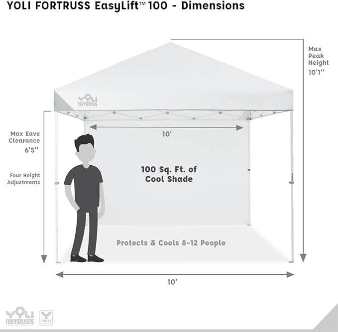 YOLI FORTRUSS EasyLift 10’x10’ Pop Up Instant Canopy with Reinforced Y-Truss Frame 99% UV Protection Water Resistant &amp Fire-Retardant Top 4 Height Settings with Sidewall and Wheeled Carry Bag