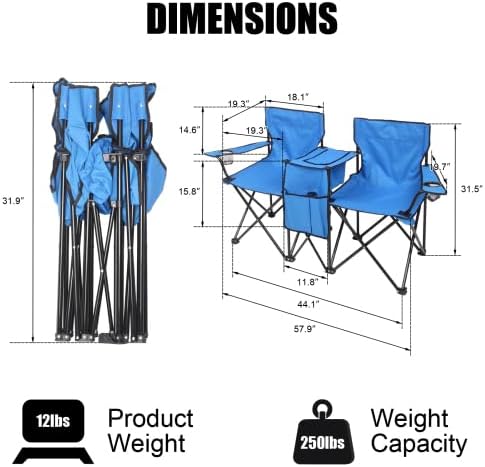 Camping Chairs Folding Double Chair with Removable Umbrella Cup Holders Cooler Bag Side Pocket &amp Carry Bag for Beach Outdoor Sports Concerts Travel Picnic