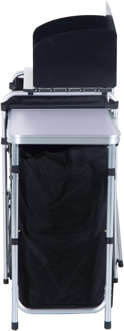 Aluminum Portable Camping Kitchen Fold Up Cooking Table with Windscreen and 3 Enclosed Cupboards for BBQ Party Picnics Backyards
