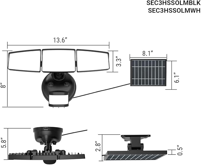 HALO Next Gen Solar-Powered LED Security Floodlight 3 Head w/Motion Sensing Dusk to Dawn Adjustable Brightness - White