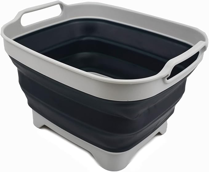 SAMMART 7.5L (2 Gallons) Collapsible Dishpan with Draining Plug - Foldable Washing Basin - Portable Dish Washing Tub - Space Saving (Grey/Slate Grey 1)