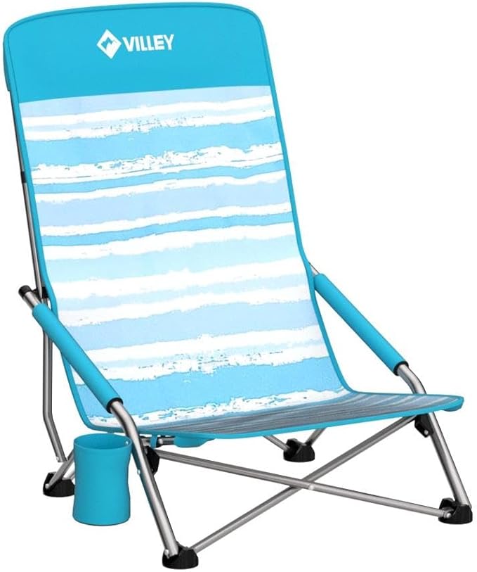 VILLEY Low Beach Chair High Back Folding Chair for Adults Lightweight and Portable for Outdoor Camping Lawn Music Festival with Cup Holder and Carry Bag - Blue Stripes