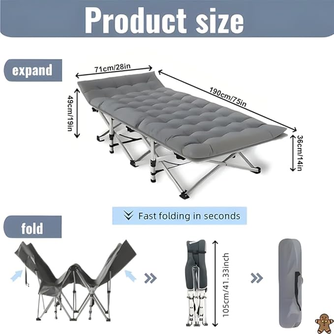 560-760 pounds Portable Folding Camping Bed (with Mattress) - Can be Used as a Recliner - Breathable Fabric Thick Steel Frame (Gray760 lbs)