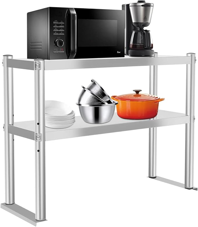 Double Overshelf 2-Tier Stainless Steel Kitchen Shelf Height Adjustable Overshelf Kitchen Prep Work Table Double Tier Overshelf for Kitchen Restaurant (12 x 30 Inch)