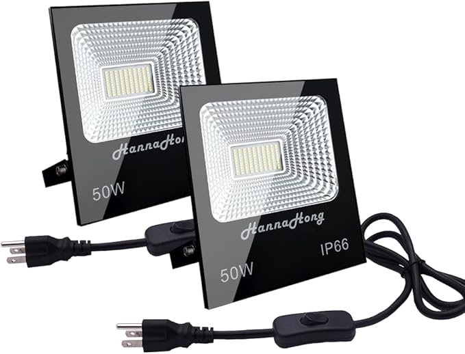 HANNAHONG 50W 120V LED Flood Light Plug inSuper Bright Security/Work/Plant Grow LightIP66 Waterproof OutdoorDaylight White Reflector SpotlightPorchGaragePatioYardGarden 2 Pack